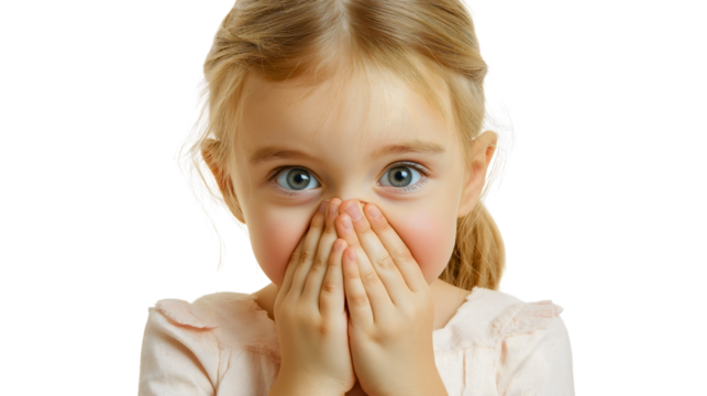 Little girl holding her nose with unpleasant stink causing strong odor, smelly, disgust at smell with bad stench affecting young toddler child face disgust gesture