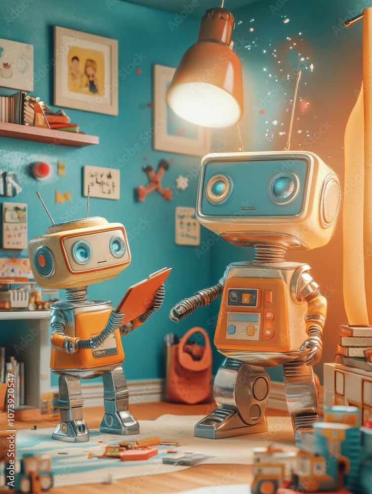 Aufkleber two cheerful robots interact in a vibrant children's room filled with toys, books, and colorful deco