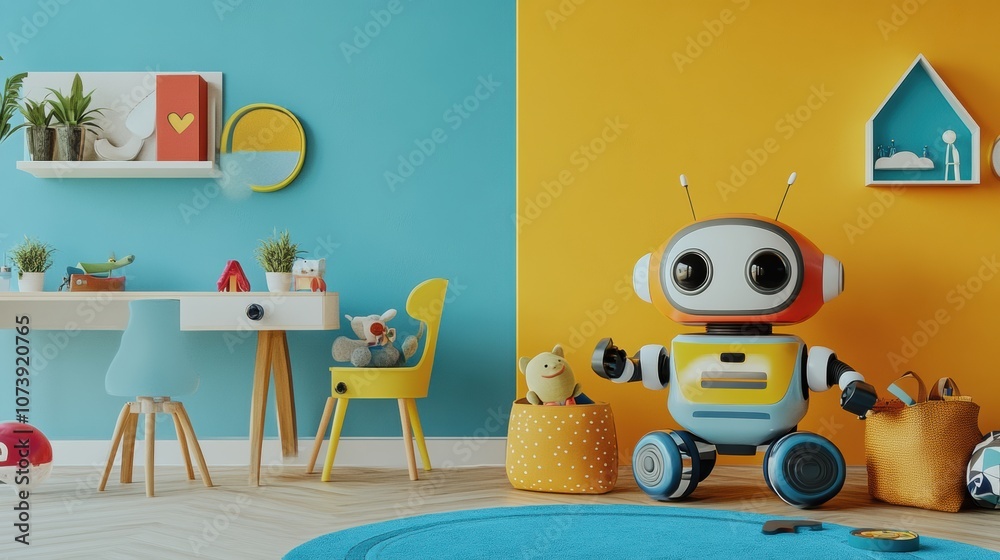 Aufkleber brightly colored children's room features playful robot assistants engaging with kids in a creative 