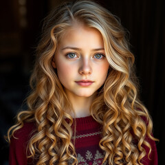 Fototapeta premium young beautiful simple village girl with blonde curly long hair