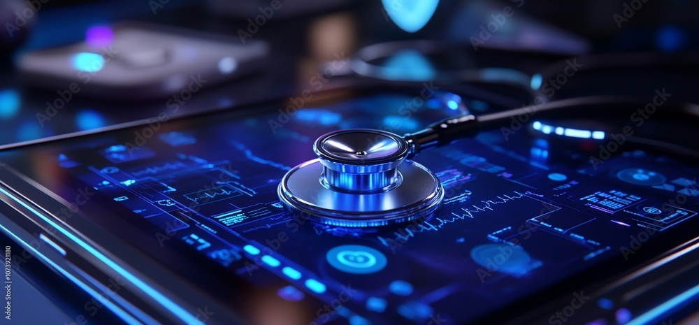 Poster A stethoscope resting on a tablet screen displaying a digital heartbeat.