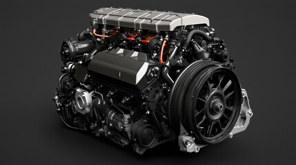 High-Performance Modern Engine Rendered in Detailed 3D Illustration Featuring Advanced Automotive Engineering Components and Design Technology in Latest Car Model on Black Background