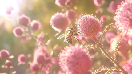 Obraz premium Macro 3D Render of a Blooming Wildflower with Pollinating Bee Collecting Nectar - Ultra-Detailed Nature Illustration Capturing Pollination Beauty