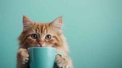 A fluffy orange cat with striking eyes leans forward, gripping a turquoise cup with its paws against a soft teal backdrop, creating an adorable and inviting atmosphere.