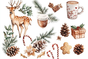  Christmas elements set with holly, mistletoe, deer, and hot chocolate: