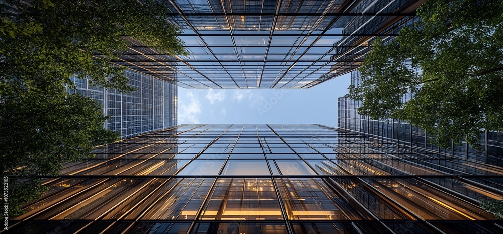 Poster A view from below looking up at a tall glass building with some trees and blue sky.