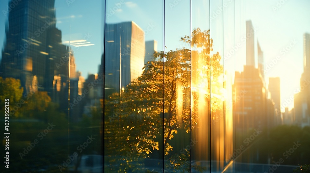 Poster a view of a city skyline through the glass panels of a modern building, with the sun shining through