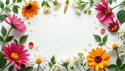 Free copy space in the middle, surrounded with flowers gaillardia, hellebore, snowflake, and lady&rsquo;s mantle, copy space