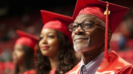 Proud graduates celebrating their accomplishments in red caps and gowns
