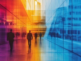 Modern Businessmen Walking Through Vibrant Colored Urban Office Corridor Reflecting Contemporary Architecture