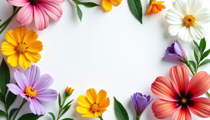 Free copy space in the middle, surrounded with flowers daphne, snow-in-summer, gentian, and candytuft, copy space