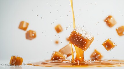 Levitating pieces of caramel candies on a light background with salt with space for text or inscriptions
