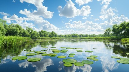 Tranquil Lake Panorama: 3D Render with Lily Pads, Dragonflies, and Reflections of Trees and Clouds - Ultra-Detailed Nature Scene from a Frog's Viewpoint