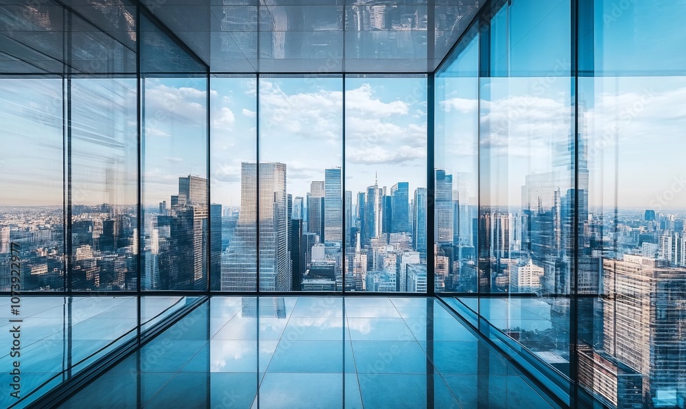Poster an empty office space with large windows overlooking a modern city skyline.