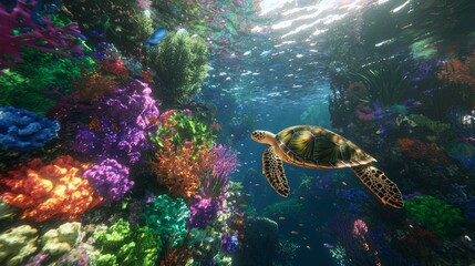 Fototapeta premium Majestic Underwater World: 3D Render of Colorful Coral Reef with Sea Turtle, Fish Schools, Vibrant Corals, and Sunlit Waters. Ultra-Detailed Digital Artwork