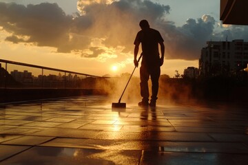 Man cleaning tiles with high pressure water jet. close up
