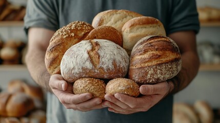 Various assortment of breads in man's hands close up on slightly blurred background of shelves with breads and space for text or inscriptions, banner or bakery advertisement
 - Powered by Adobe