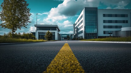 Low shot of an empty road walking towards a modern building or business with space for text
