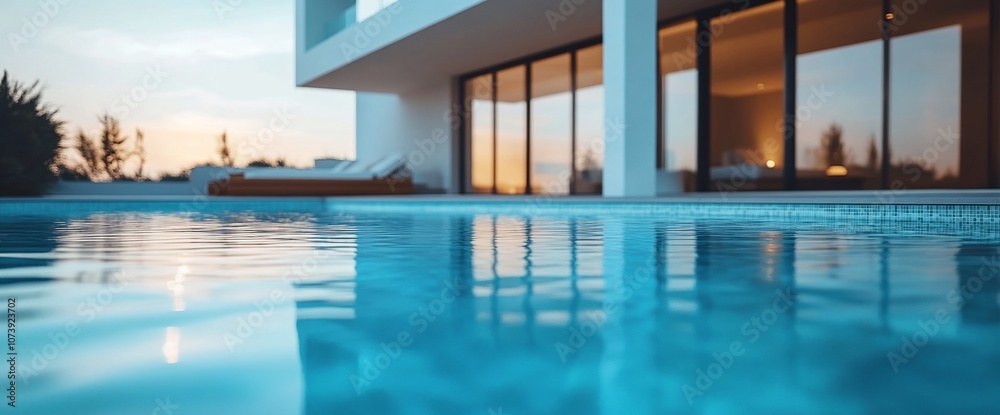 Poster close-up view of a clear blue swimming pool with a modern building in the background.