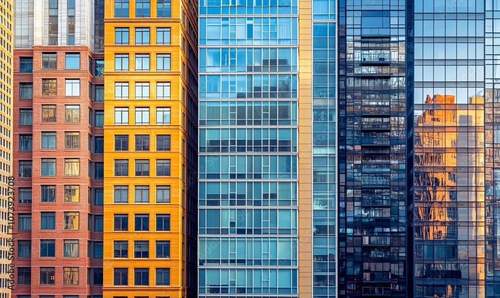 Poster close-up view of three modern buildings with a glass facade. the building on the left is brick and t