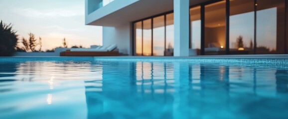 Obraz premium Close-up view of a clear blue swimming pool with a modern building in the background.