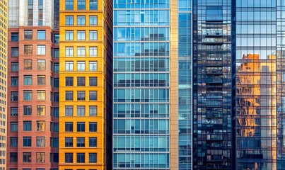 Fototapeta premium Close-up view of three modern buildings with a glass facade. The building on the left is brick and the building 