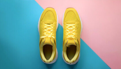 Yellow Modern unisex footwear, sneakers, isolated on a soft blue and Pink Pastel