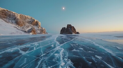 A breathtaking view of Ogoy Island on a frozen Lake Baikal, with the transparent blue ice cracked in intricate patterns and the full moon glowing softly above the horizon at sunrise.