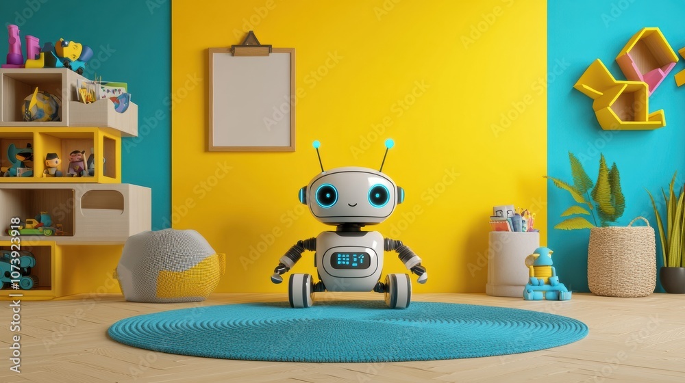 Poster brightly colored walls enhance the cheerful atmosphere as robotic helpers interact with toys in a de