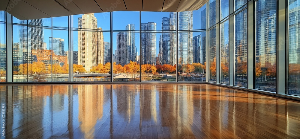Poster empty room with large windows looking out onto a city skyline with fall foliage reflecting on the ha