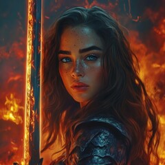 A woman with long brown hair and blue eyes stands with a flaming sword.
