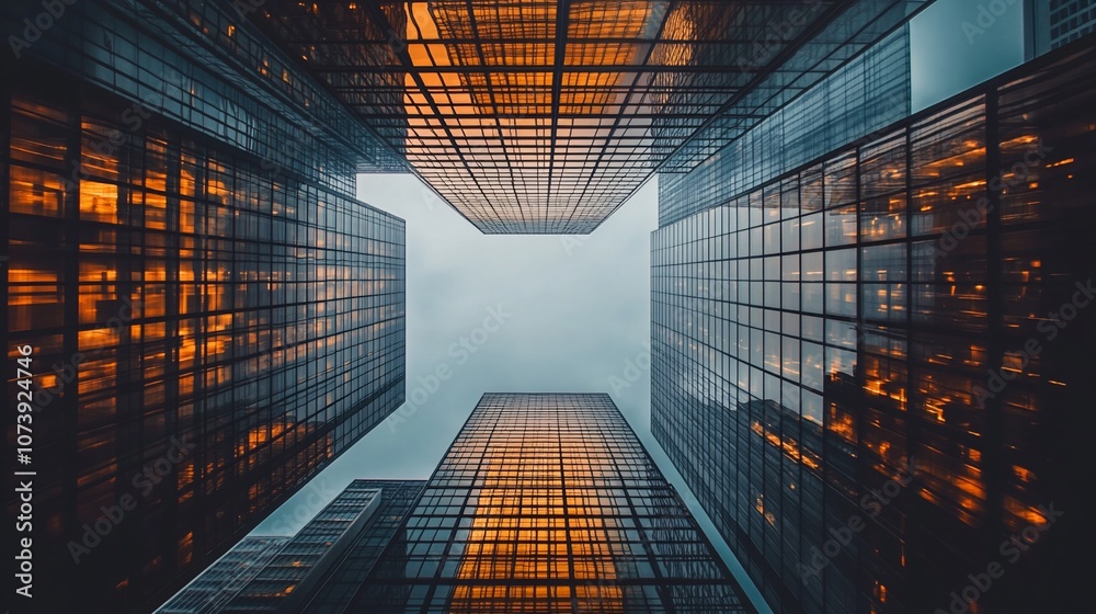 Poster looking up at a cluster of skyscrapers in the city with a cloudy sky.