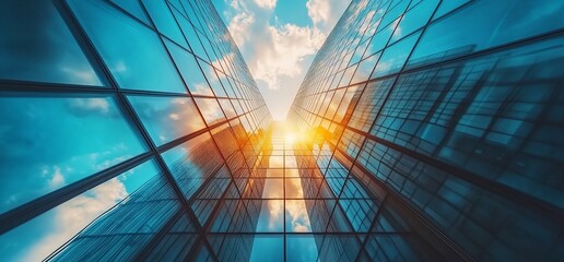 Fototapeta premium Looking up at a modern glass skyscraper with a bright sunset in the background.