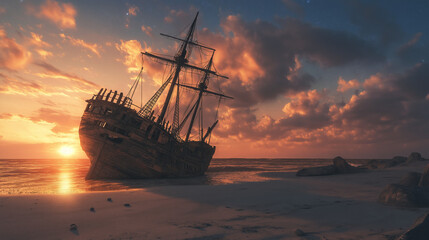 Obraz premium Versunkenes Schiff bei Sonnenuntergang an der Küste