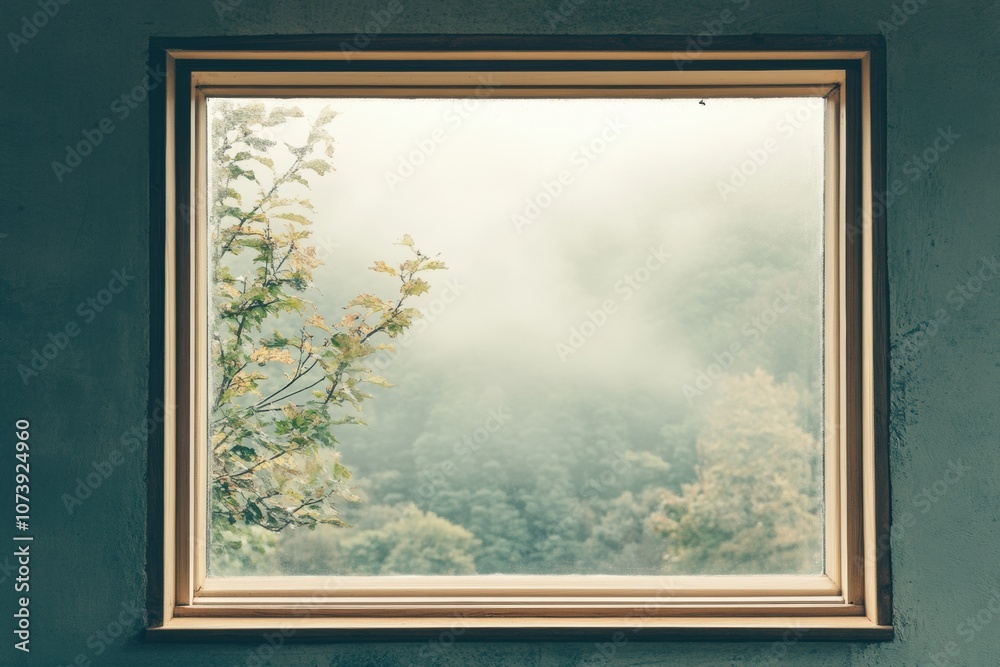 Aufkleber A window frames a beautiful view of mist-covered trees and soft greenery, creating a peaceful atmosphere in nature. Generative AI