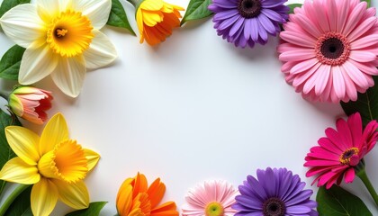 Free space in the middle, surrounded with flowers freesia, daffodil, aster, and petunia and copy space