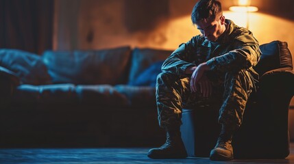 Pensive Soldier Sitting Alone in a Room, Reflecting Deeply, with Warm Ambient Light