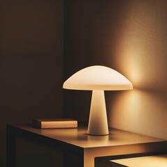 White mushroom shaped table lamp on a wooden table.