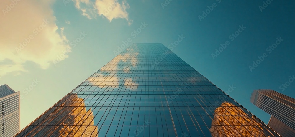 Aufkleber low angle view of a glass skyscraper against a bright blue sky with clouds.