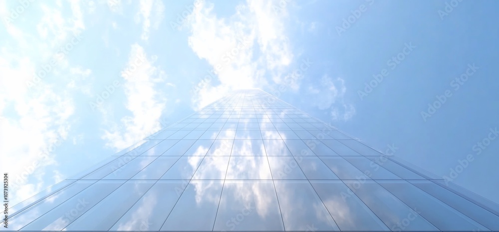 Poster low angle view of a glass building with a blue sky and white clouds reflected in the windows.