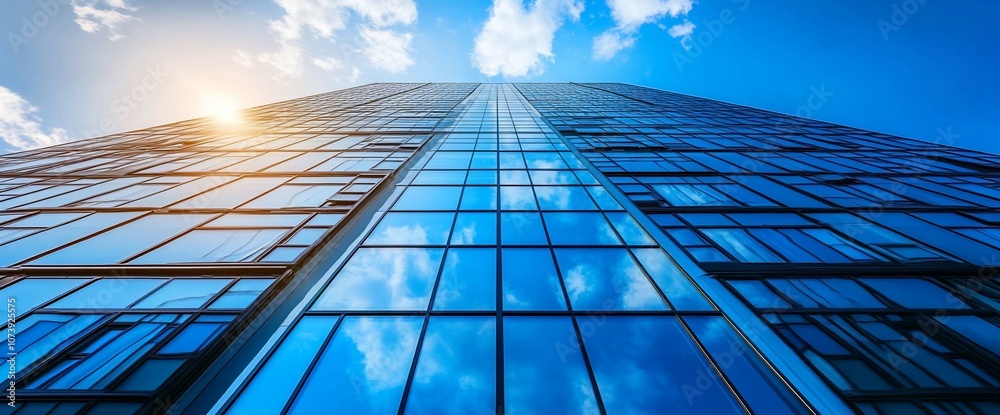 Aufkleber low angle view of a modern glass skyscraper reflecting the blue sky and clouds.