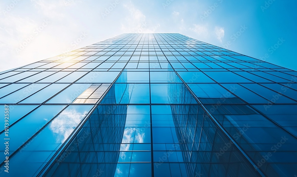 Aufkleber low angle view of a modern glass skyscraper with a blue sky and clouds.