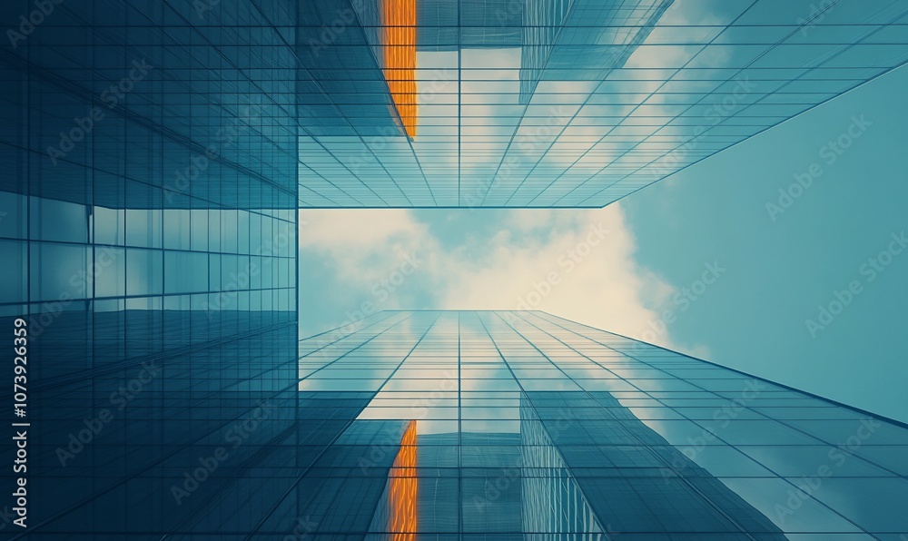 Aufkleber low angle view of modern glass skyscrapers with blue sky and clouds in the background.