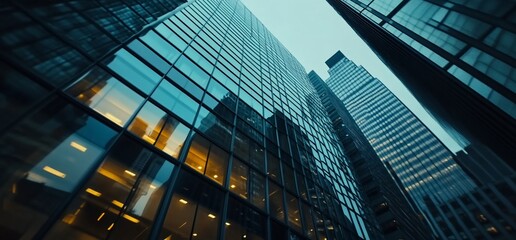 Low angle view of modern office buildings with glass facades.