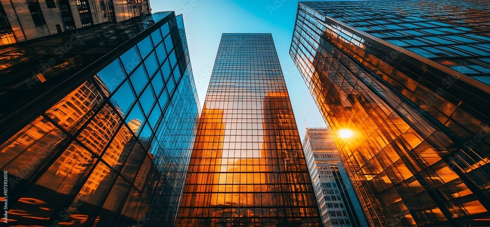 Poster low angle view of modern skyscrapers with sun shining through windows.