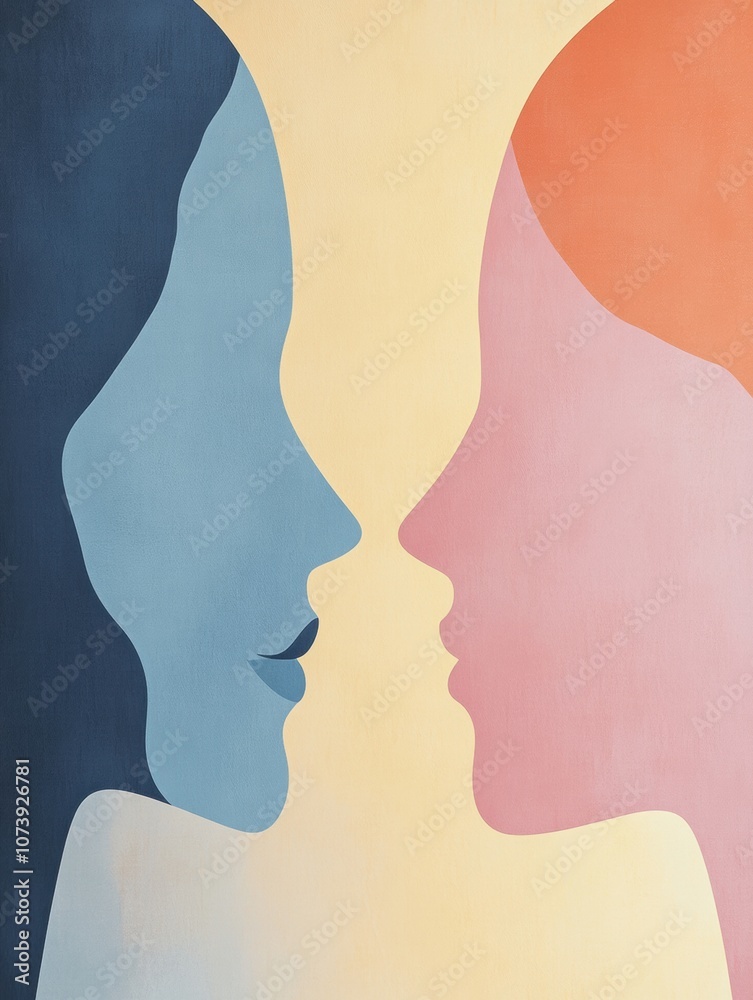 Fototapete Two faces created in soft pastel shades interact, highlighting concepts of communication and empathy through their abstract form. Generative AI