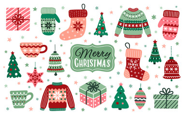 Christmas red green backdrop with ornate xmas ugly sweaters, mugs, gift boxes, mittens, stockings, fir trees, decorative toys, bells, stars and snowflakes. EPS 10 vector illustration set.