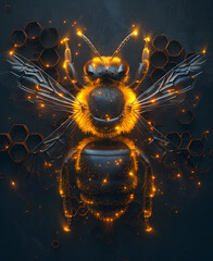 A vibrant digital artwork featuring a glowing bee set against a honeycomb backdrop, showcasing a captivating play of vivid lights and deep shades. Ideal for various creative purposes