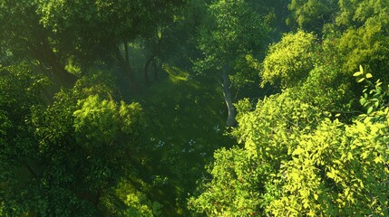 Fototapeta premium Serenity in Nature: A Stunning 3D Render of Lush Bird's Eye Forest View with Vibrant Greenery and Sunlight Patterns