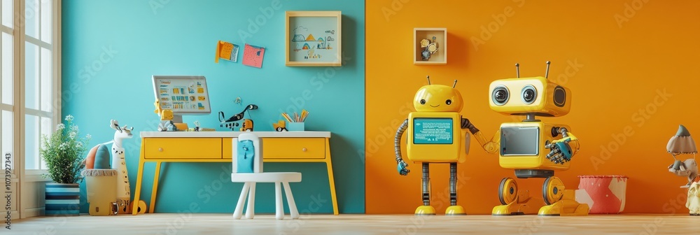 Aufkleber Brightly colored children's room showcasing two cheerful robot assistants interacting with kids while they learn and play. Generative AI